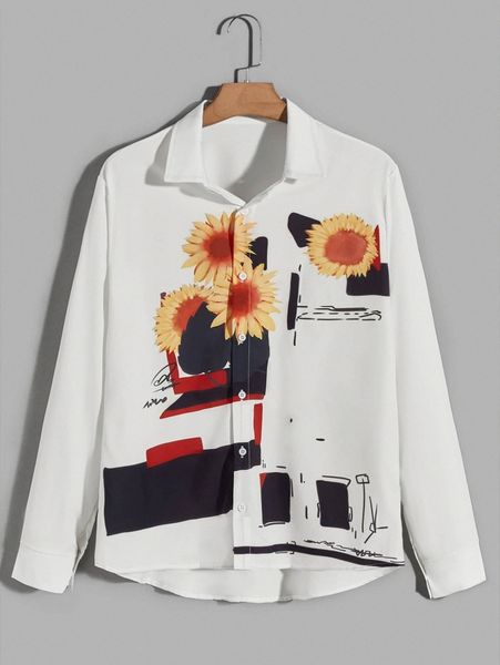 

romwe guys sunflower graphic button front shirt 01cd#, White;black