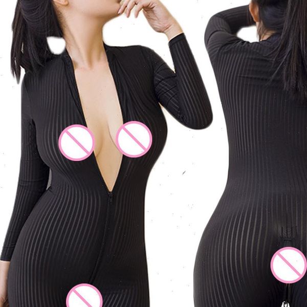 

women leopard striped long sleeve 2 way zipper bodystocking overall bodysuit, Gray