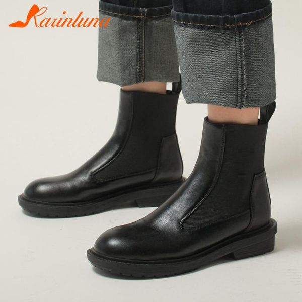 

boots fashion brand design autumn winter woman shoes casual round toe solid square thick heels slip-on elastic band, Black