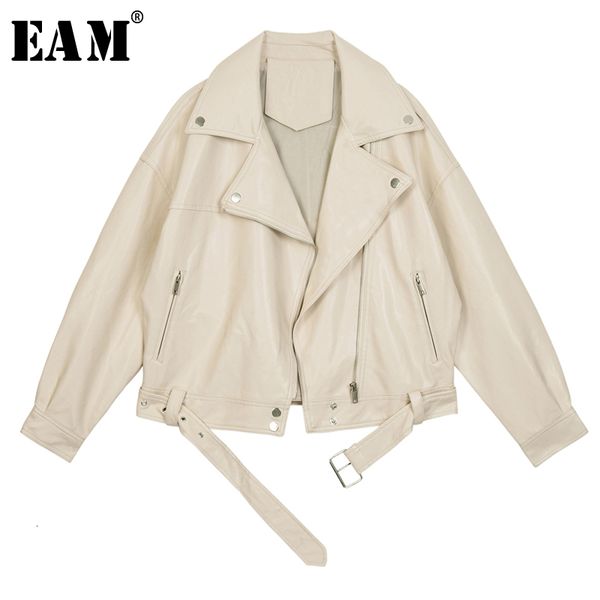 

eam] new spring autumn lapel long sleeve apricot pu leather loose big size short jacket women coat fashion tide jx445 201006, Black;brown
