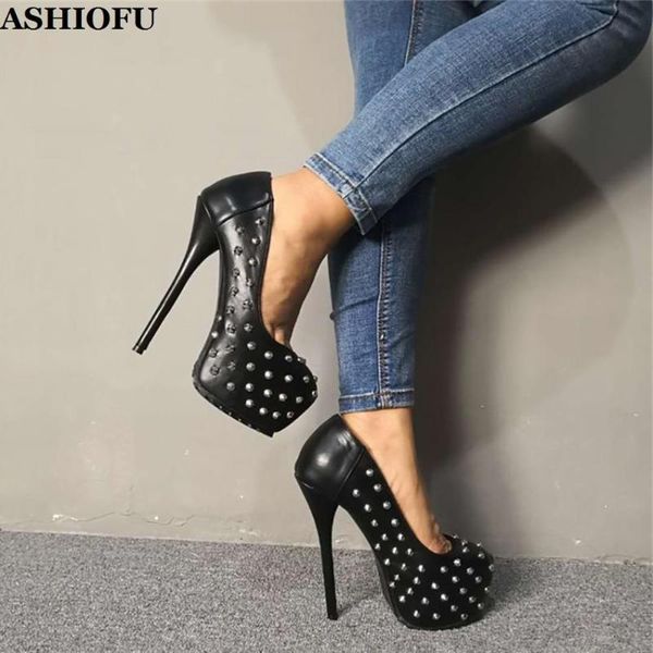 

dress shoes ashiofu handmade women high heel platform pumps rivets spikes party prom slip-on real-po evening fashion, Black