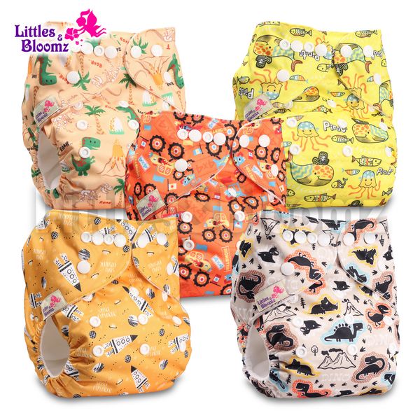 

[littles&bloomz] 5pcs/set baby washable reusable real cloth pocket nappy, 5 nappies/diapers and 5 microfiber inserts in one set 210312
