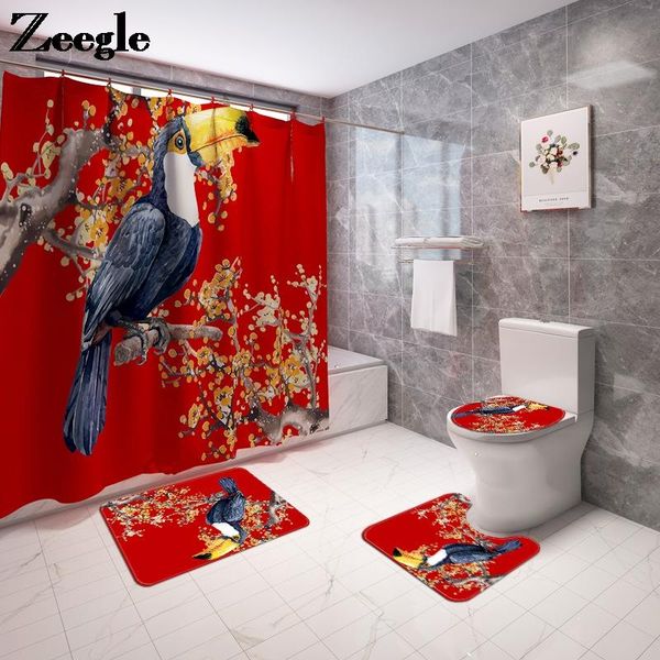 

bath mats bird print mat and shower curtain set waterproof toilet carpet microfiber bathroom decoration home anti slip rug