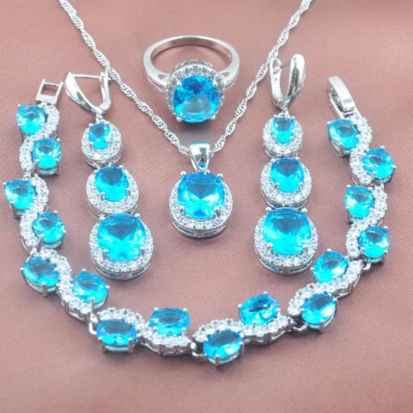 

earrings & necklace sky blue cubic zirconia wedding jewelry set for women silver color earring and sets with rings bracelet yz0123