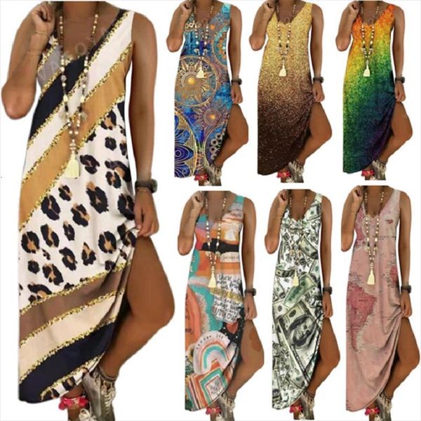 

summer long casual printing womens dresses sleeveless vestido gradient tie dye beachwear plus size clothing 17 colors, Black;gray