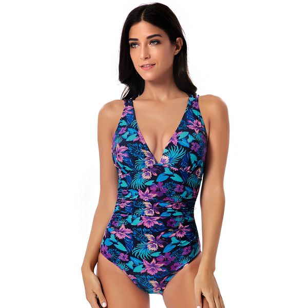 

ins spot foreign trade european and american swimwear printed swimsuit female integrated suspenders back cross slimming one piece swims, White;black