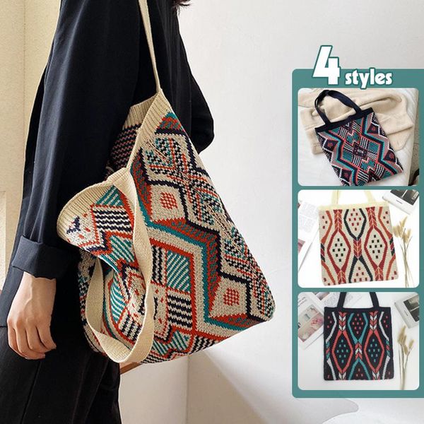

duffel bags gypsy bohemian boho chic aztec lady knitting tote bag women crochet woolen open shopper handle daily travel handbag
