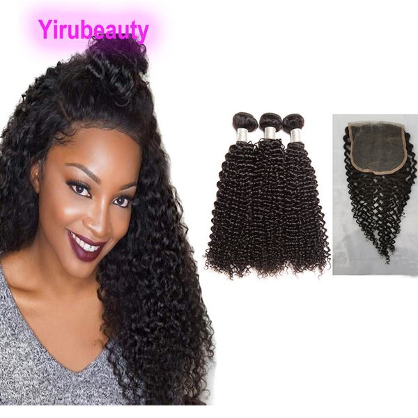 

malaysian human hair 3 bundles with 5*5 lace closure kinky curly 4 pcs double wefts with five by five closures middle three part, Black;brown