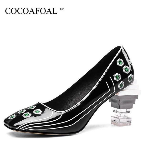 

cocoafoal new genuine leather women's high shoes woman high heels shoes heteromorphic crystal heel party pumps autumn, Black