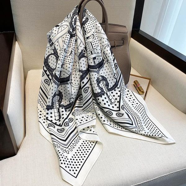 

scarves 2021 square silk scarf for women kerchief female head shwal wrap bandana suit spring summer big hijab foulard 90*90cm, Blue;gray