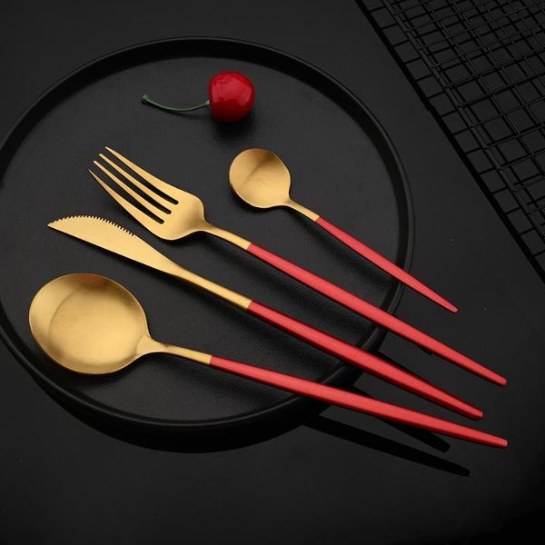

flatware sets 5/8/10set luxury red gold dinnerware cutlery stainless steel matte knife fork tea spoon silverware kitchen tableware