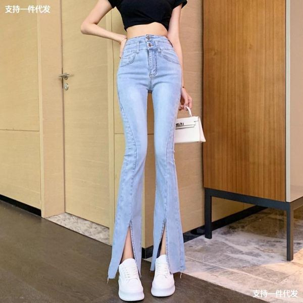 

spring and summer women's version split high waist thin horn wide leg pants, Blue