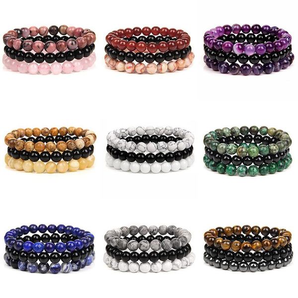 

beaded, strands 3pcs/set natural stone bracelets for women men fashion 8mm beads bracelet sets rose quartzs amethysts sodalite hematite jewe, Black