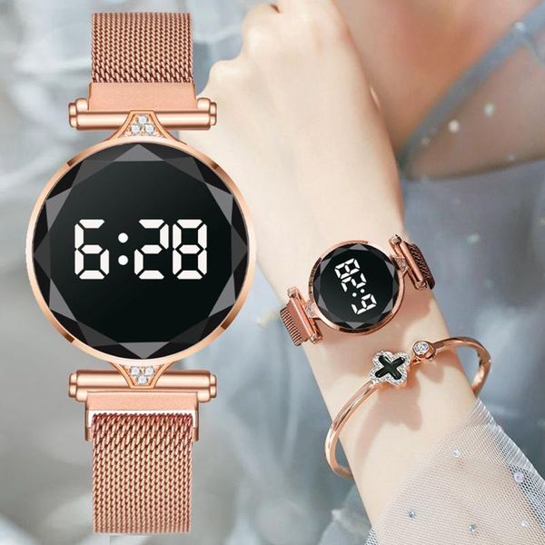

wristwatches luxury digital magnet watches for women rose gold stainless steel dress led quartz watch female clock relogio feminino drop shi, Slivery;brown