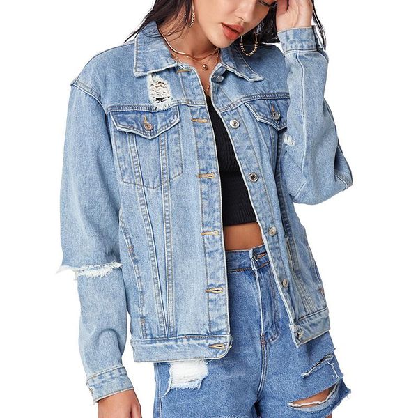 

fashion retro hole frayed denim jacket women blue ripped denim jackets for women, Black;brown