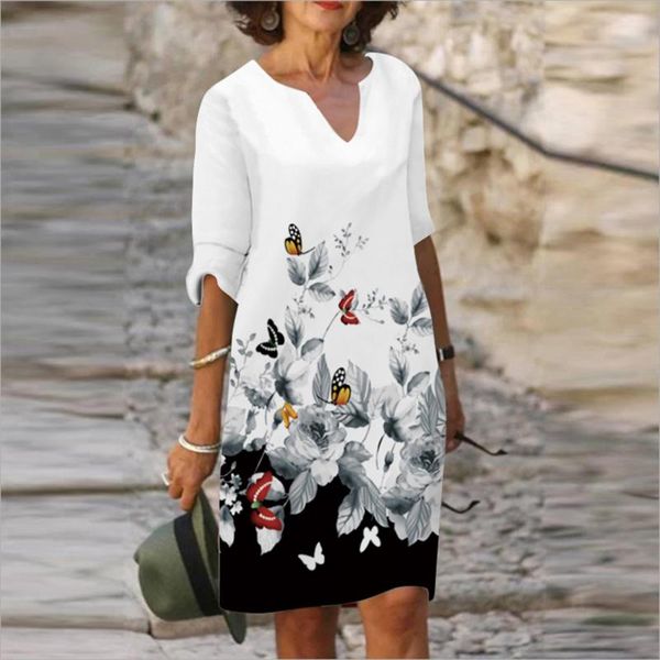 

casual dresses vintage deep v neck midi dress women butterfly floral print beach half sleeve knee-length female fall party, Black;gray