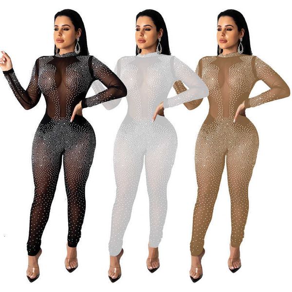 

woman jumpsuit sheer mesh long sleeve jumpsuits diamond romper night club overalls fashion bodysuits retail wholesale, Black;white