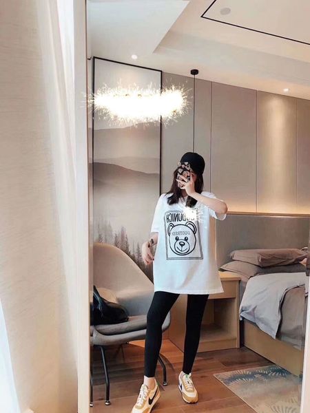 

brand summer little bear printing female short sleeve male t-shirt loose pure cotton half mid-length coat size xs-4xl, White