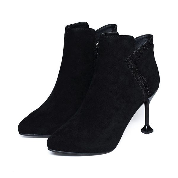 

boots women ankle short thin high heels fashion spring autumn pointed toe woman plus size flock shoes h0146, Black