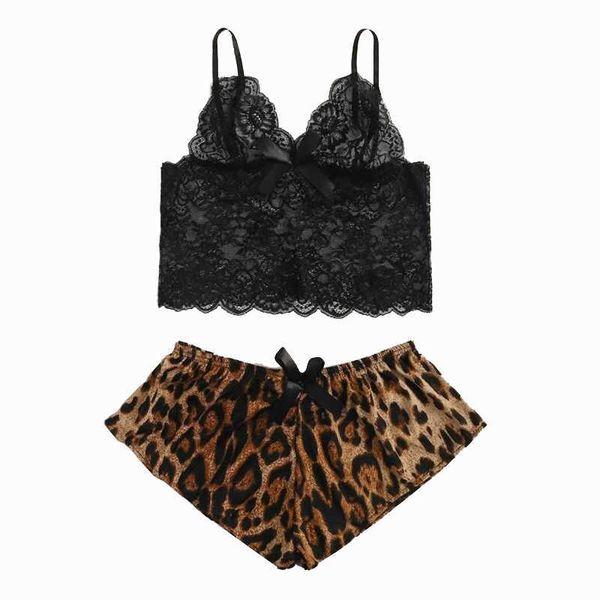 Sexy lingerie sleepwear sets mulheres lace malha espartilho colheita topo leopardo impressão laço briefs boxer senhoras sexy nightwear set q0706