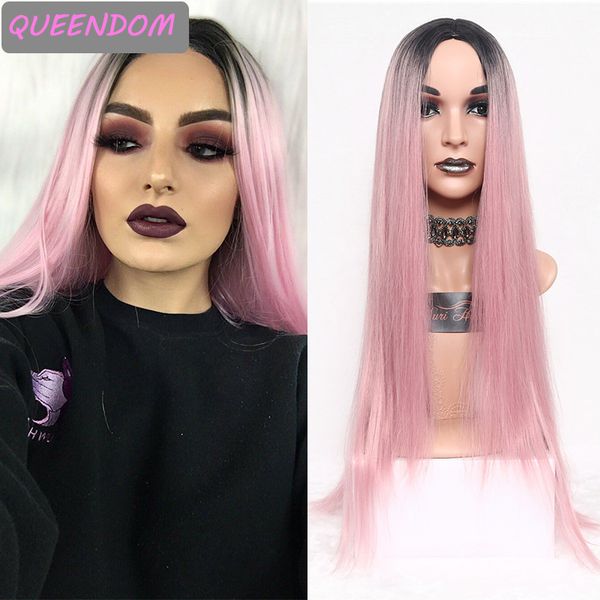 

30inch long pink synthetic hair wig ombre blue purple straight wig for women natural heat resistant fiber middle part lolita wig, Black