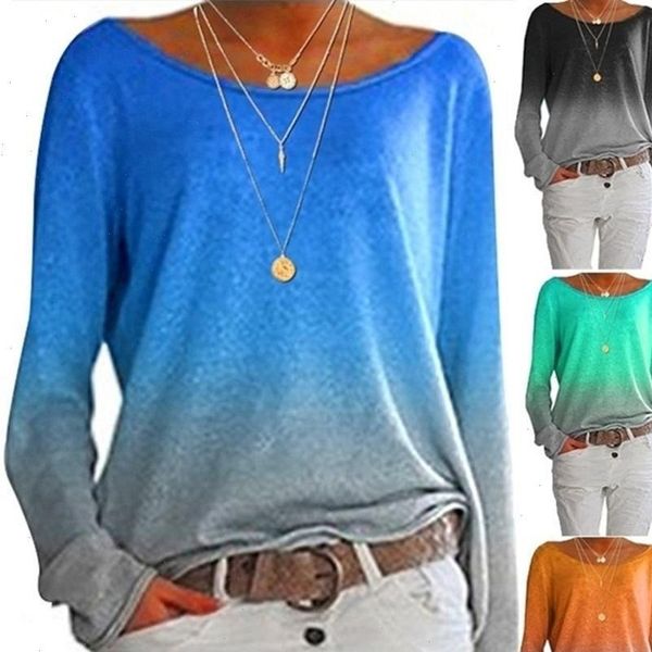 

2021 autumn winter gradient women t shirt casual o neck long sleeve rainbow pullover plus size s 5xl blue black t, White