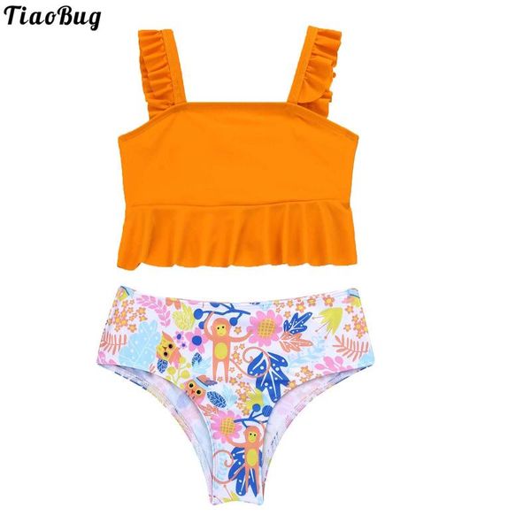 

one-pieces tiaobug kids girls 2pcs summer print swimwear swimsuit square neck sleeve ruffle crop bottom bathing beach pool bikini, Black