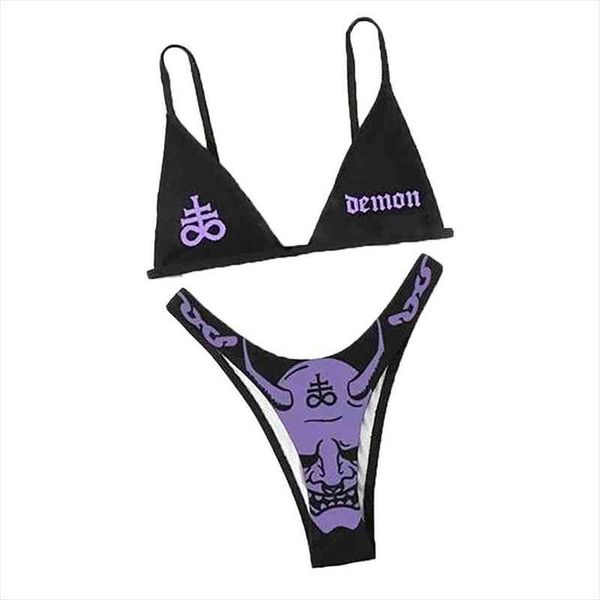 

gothic skeleton demon women thong beach women funny printed 2pcs bikini suits triangle suit swimsuit bottoms, White;black