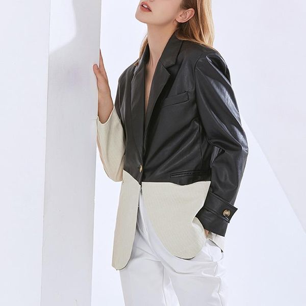 

women's suits & blazers contrast pu leather black beige loose patchwork women long sleeve single button blazer office lady work clothin, White;black