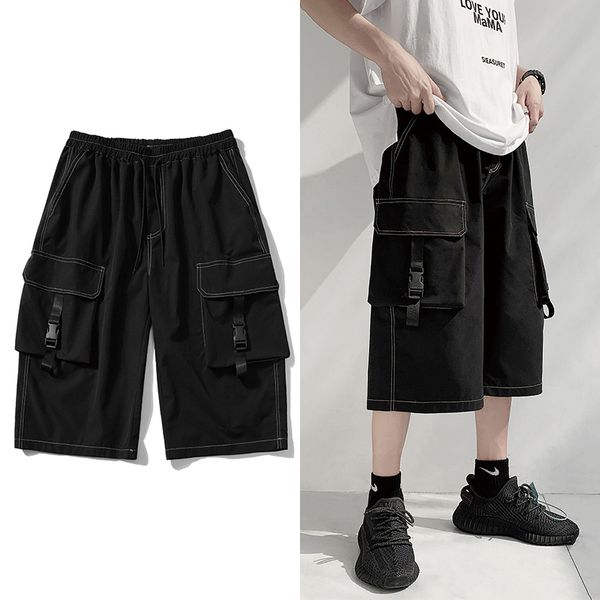 

new 2021 joggers men black harem multi-pocket ribbons man sweatpants streetwear casual calf-length hip hop mens cargo pants 35s7 bmsf