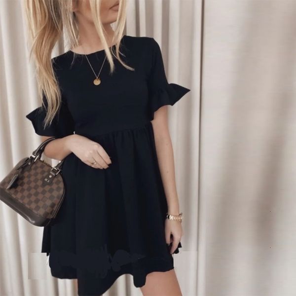 

2021 new shyloli o-neck elastic waistband high waist solid mini women butterfly sleeve elegant lotus leaf pendulum home 074v, Black;gray