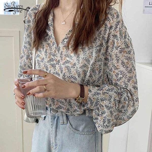 

v-neck woman shirts long sleeve chiffon blouse women autumn office lady clothes print floral korean chic blusas 10523 210527, White