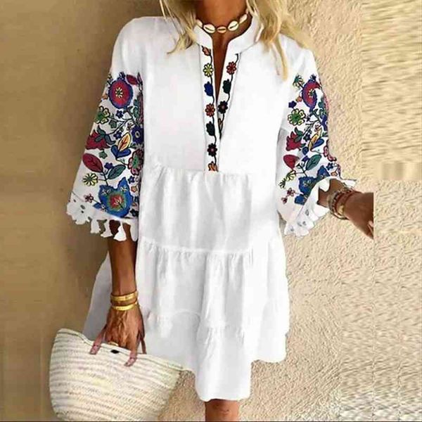 

summer v neck tassel beach womens dresses spring vintage floral print 3 4 sleeve party women casual a line vestido, Black;gray
