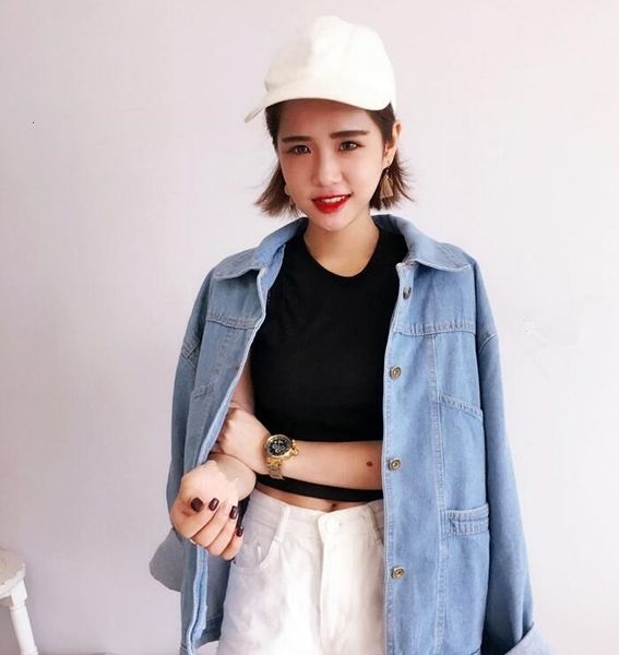 

women autumn harajuku light blue denim coat pokect long sleeve loose jeans coat y190828, Black;brown