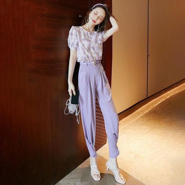 

new women 2021 summer suit female 2 piece set elegant office lady outfits floral print short sleeve blouse and pants sets a834pxvf, White