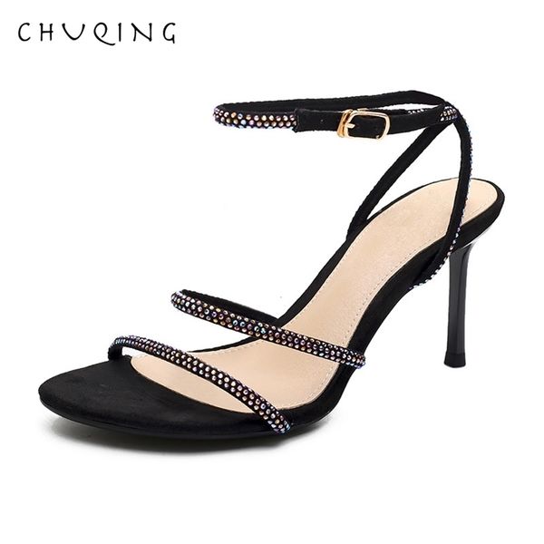 

chuqing summer 2019 new sandals female fairy wind word buckle cross with high heels girl stiletto shoes, Black