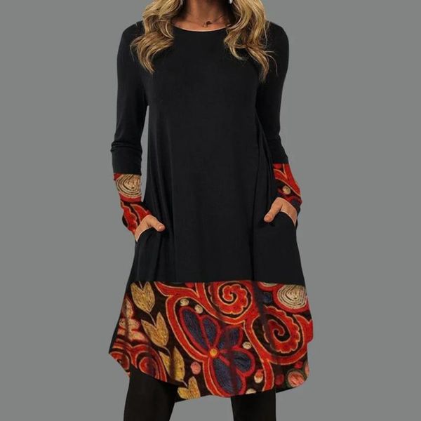 

casual dresses christmas for women 2021 printed irregular hem autumn winter pockets crew neck dress office, Black;gray