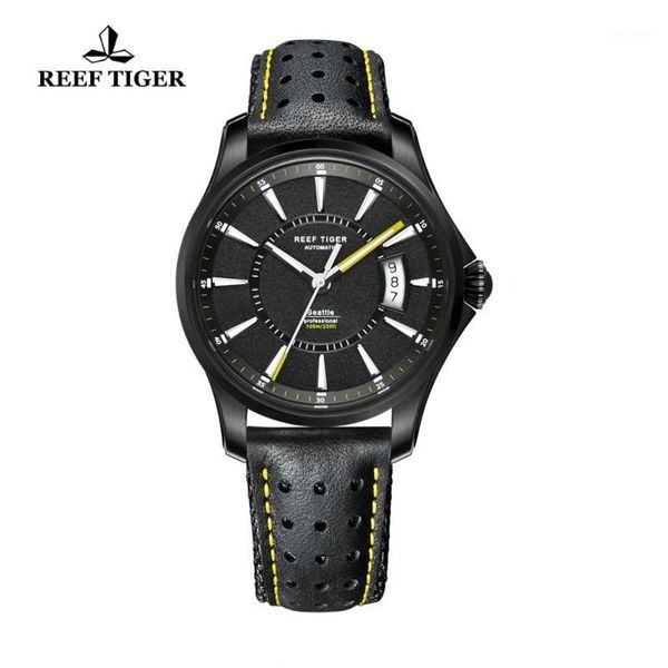 

reef tiger/rt watches seattle black steel case watch for mens big date super luminous automatic rga166 wristwatches, Slivery;brown