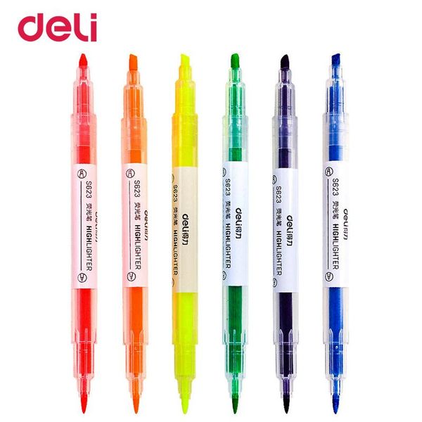 

highlighters deli 6 pcs dual head colored highlighter pen with invisible ink for school office drawing sign brush scribble marker 40s623, Black;red