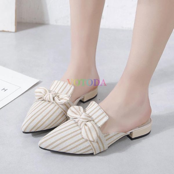 

summer women slipper mules stripe bow female sandal pointed-toe women slides outside low heel slipper fashion casual ladies shoe, Black