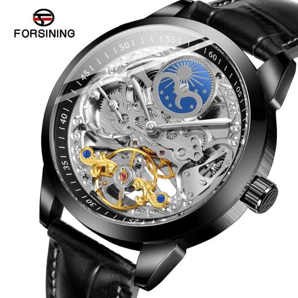 

wristwatches forsining 2021 moon phase skeleton dial mechanical men's watch automatic winding black leather strap sports, Slivery;brown