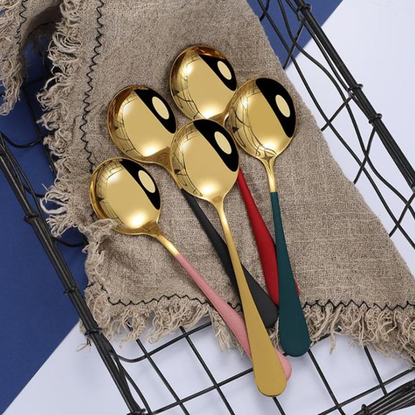 

spoons 304 stainless steel round dessert spoon soup salad fork kitchen tableware