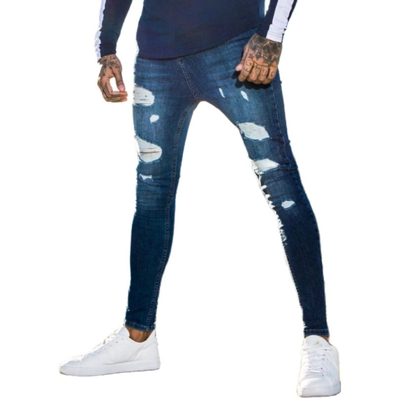 

men's jeans europe style ripped skinny jean pencil pants stretch slim denim trousers black blue casual jogging for men