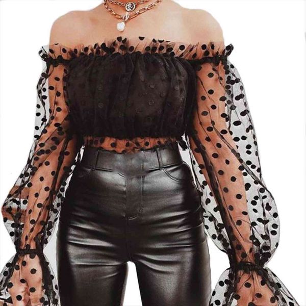 

spring casual polka dots print womens blouses mesh patchwork puff sleeve fairy lady off shoulder ruched, White