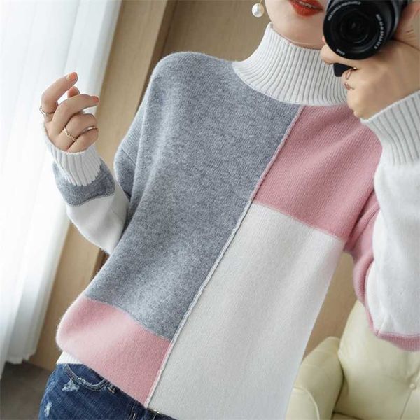 

cashmere sweater women's high-neck color matching 100% pure wool pullover fashion plus size warm knitted bottoming shir 211221, White;black
