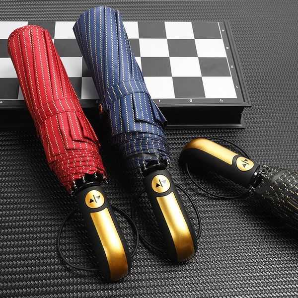 

umbrellas plus 10 bone fully automatic umbrella creative gold striped three folding rain dual-use