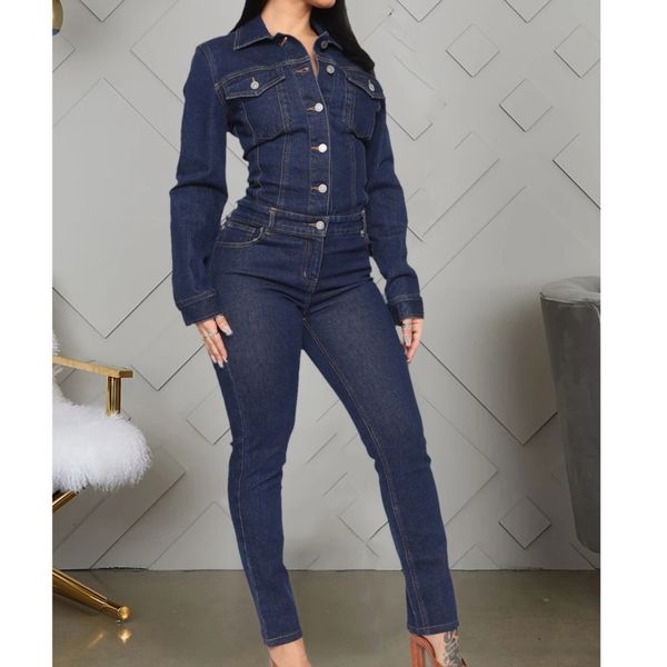

women's jumpsuits & rompers women long sleeve jeans button up woman fashion pockets denim turn down collar pencil outfits cht, Black;white