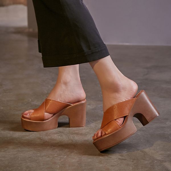 

Womens genuine leather chunky heel platform sandals cross strap open toe summe soft comfortable mules slides heels shoes women, Beige