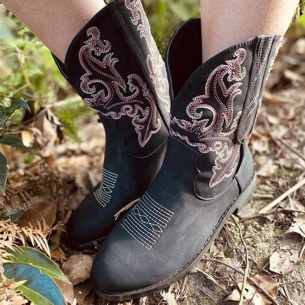 

boots autumn wintage rome western flowers plus size36-43 mid-calf for women botas mujer tube short women's1, Black
