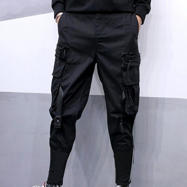 

men's pants streetwear ribbons pockets harem men spring summer casual sweatpants hip hop joggers slim fit black pencil